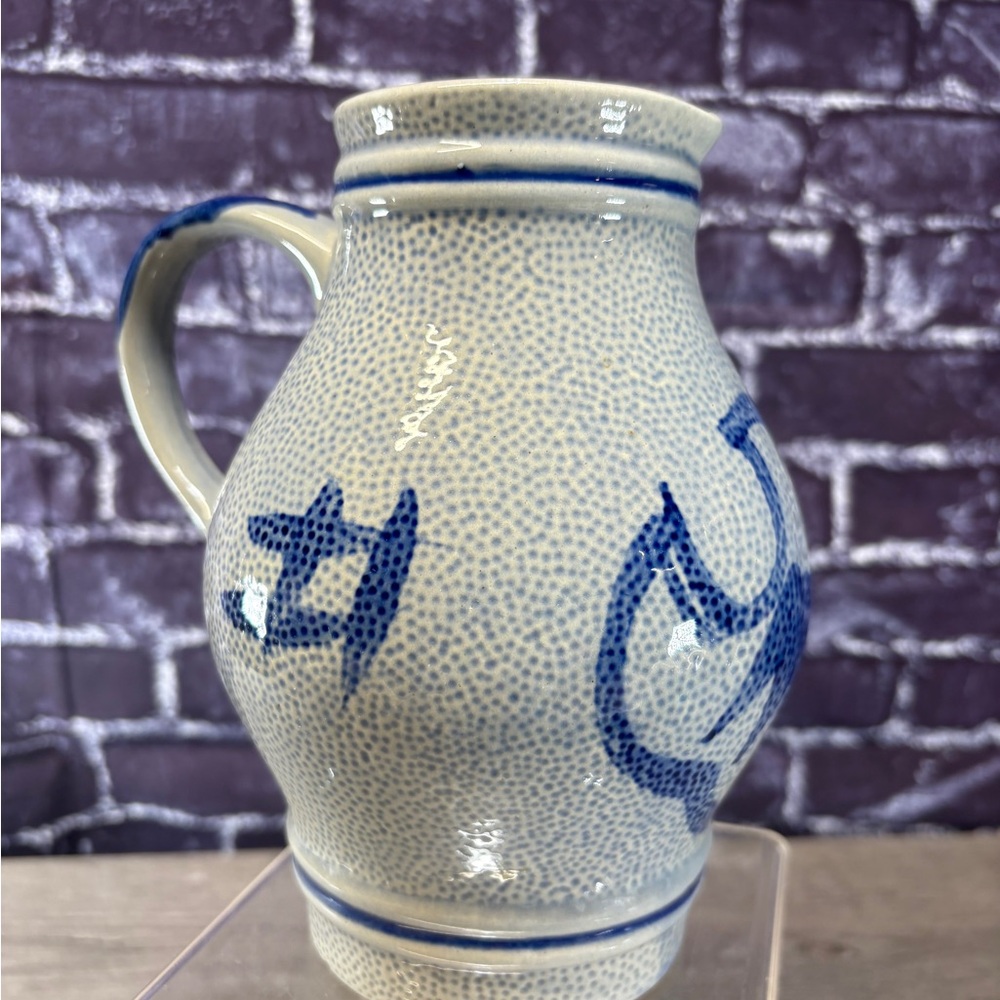 Vintage Germany Blue Salt Glaze Painted Pottery Celtic Pitcher